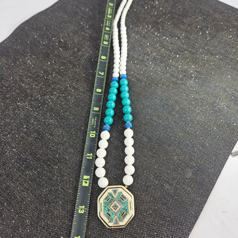 Vintage Southwestern Geometric Enamel Pendant Beaded Necklace White Teal Blue - Picture 4 of 8